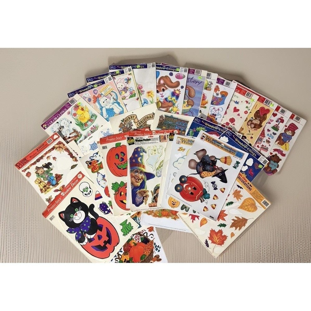 35 Vintage Holiday Window Clings Christmas Halloween Easter Valentines 80-90's